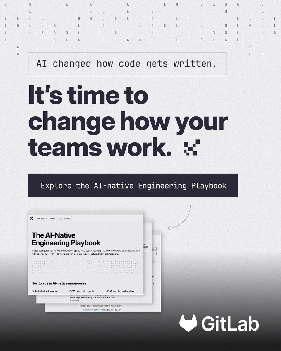 gitlab's tweet photo. AI agents are sending more and more code into review queues built for human-paced work.

A coding assistant can speed up code writing, but it can’t show you whether review, security checks, and release approvals can keep pace with all that extra code.

AI-native engineering is the practice of intentionally designing the engineering process so people and agents each do what they are best suited to. It starts with identifying delivery bottlenecks, then deciding how much autonomy agents should have and how to maintain control as you scale.

Read the blog to learn more: https://t.co/GDj7cXV5W3