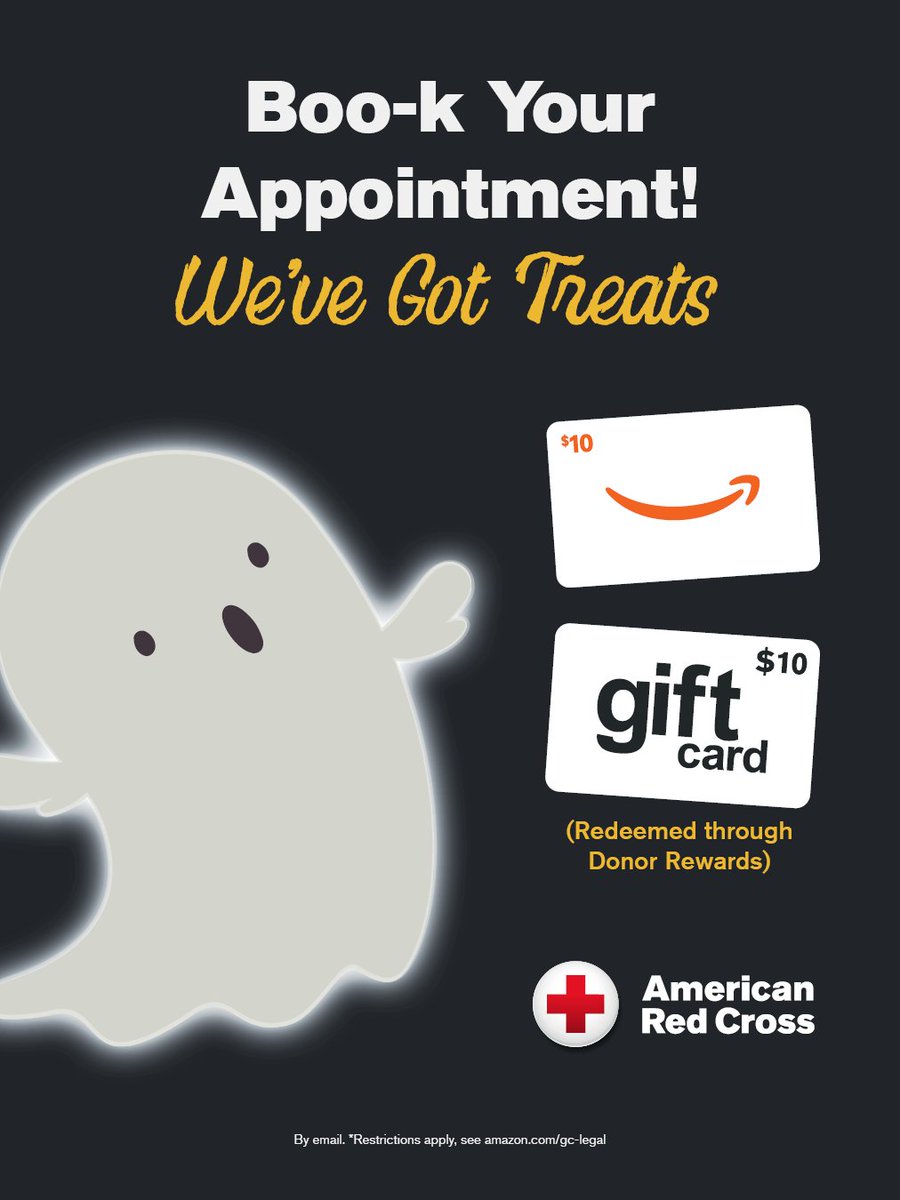 RedCrossSC's tweet photo. We're saying thank-boo with up to $20 in gifts! Get a $10 Amazon Gift Card by email when you come to give blood or platelets Oct. 19-Nov. 22 plus score 500 bonus points for a $10 e-gift card through Donor Rewards. Don't ghost us! Schedule now: https://t.co/3rlUKVhiSt (T&amp;C). https://t.co/sTuaV2psxM
