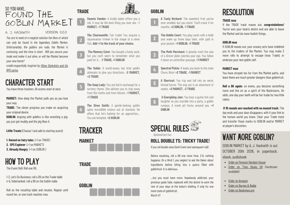ajhackwith's tweet photo. To celebrate, I'm sharing a wee microRPG Goblin Market game for free! I just sent the print-friendly PDF to newsletter and patreon subscribers. Good luck, fair trade. (credit for @deathbybadger for gamey inspiration) https://t.co/tz1rY59iu1