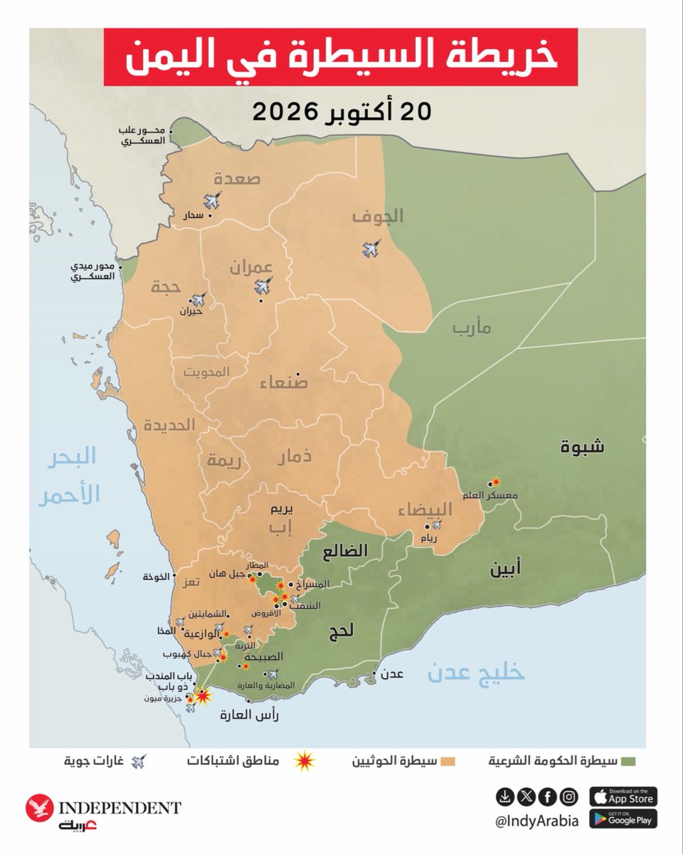 Adhwan's tweet photo. خريطة السيطرة والنفوذ في #اليمن اليوم ٢٠ أكتوبر https://t.co/rbPdmFWUP3