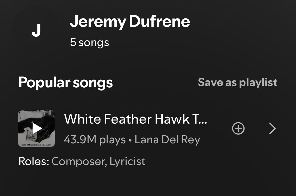 LanasChart's tweet photo. For some reason Jeremy Dufrene contributed to 5 songs that are hidden in Spotify storage, as one of the writers of “White Feather Halk Tail Deer Hunter”, in the future 4 new songs are waiting to be released with him credited. https://t.co/0cBSJUz6Sn