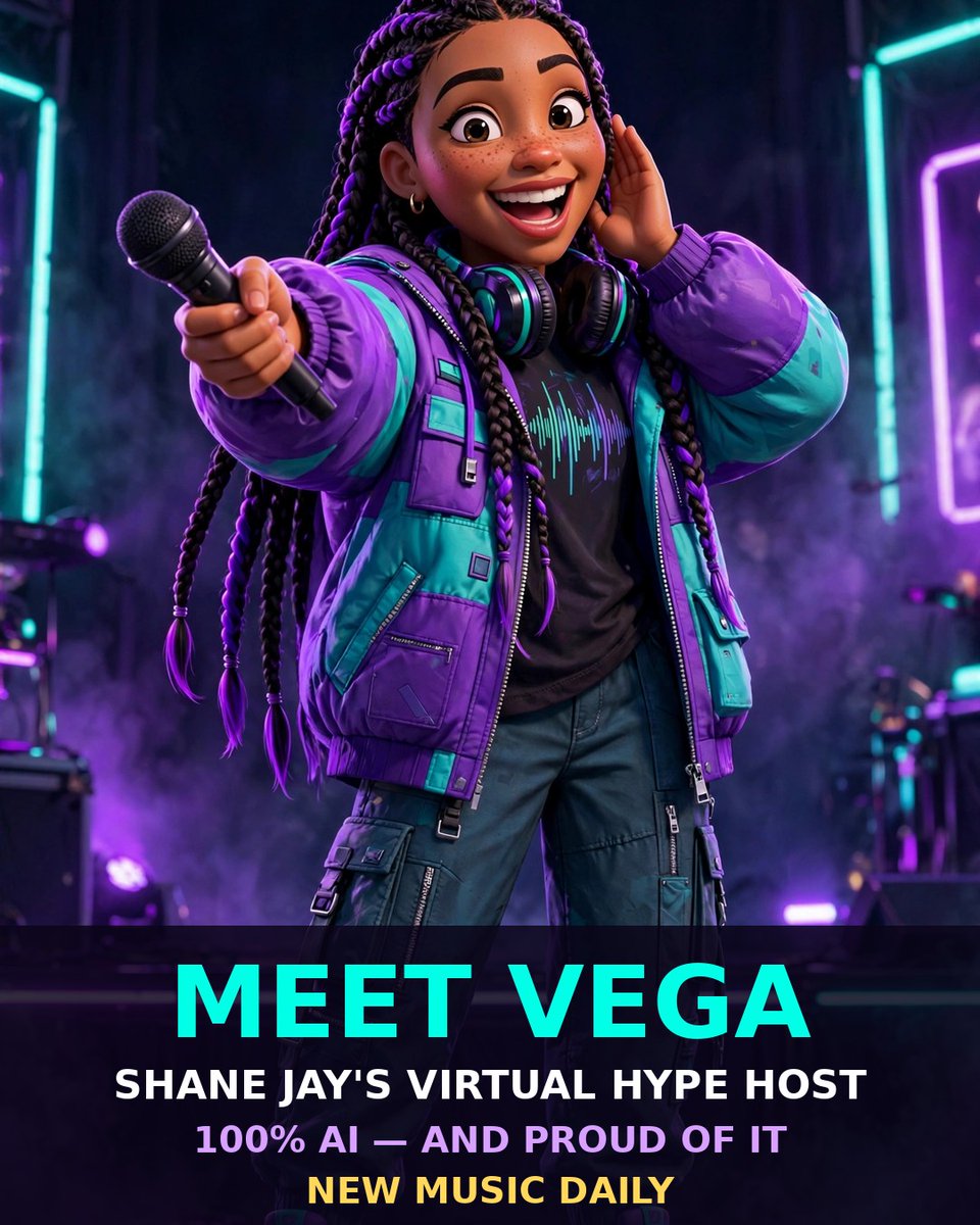 Shanemusk1's tweet photo. MEET VEGA 🎧💜 My virtual hype host is HERE. She's 100% AI and 100% team Shane Jay — she'll be introducing my drops and keeping the energy UP. New music daily. Say hi to Vega 👇 #newmusic #independentartist https://t.co/I4gLadraHm