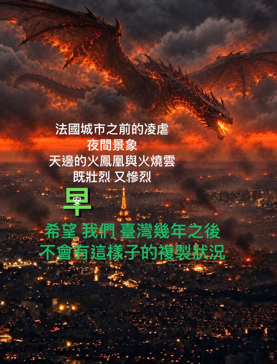 Barry27976525's tweet photo. 法國城市之前的凌虐
夜間景象
天邊的火鳳凰與火燒雲
既壯烈 又慘烈
希望 我們 臺灣幾年之後
不會有這樣子的複製狀況
問講達岡召洽兜馬喜幾霸葷
URBZ N IMBZ 2 SO BEZ TAIWANESE. https://t.co/pb2biDXJQI