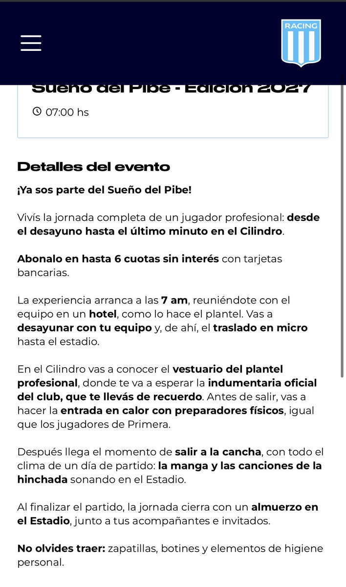 sof_1903's tweet photo. Vuelve El Sueño del Pibe. Una gran iniciativa y experiencia para socios de Racing.
Ya está disponible en Racing Pass. El valor es de $660.000. ¿Opiniones?

Link: https://t.co/3EoByX299Q https://t.co/NkDvrubkYq