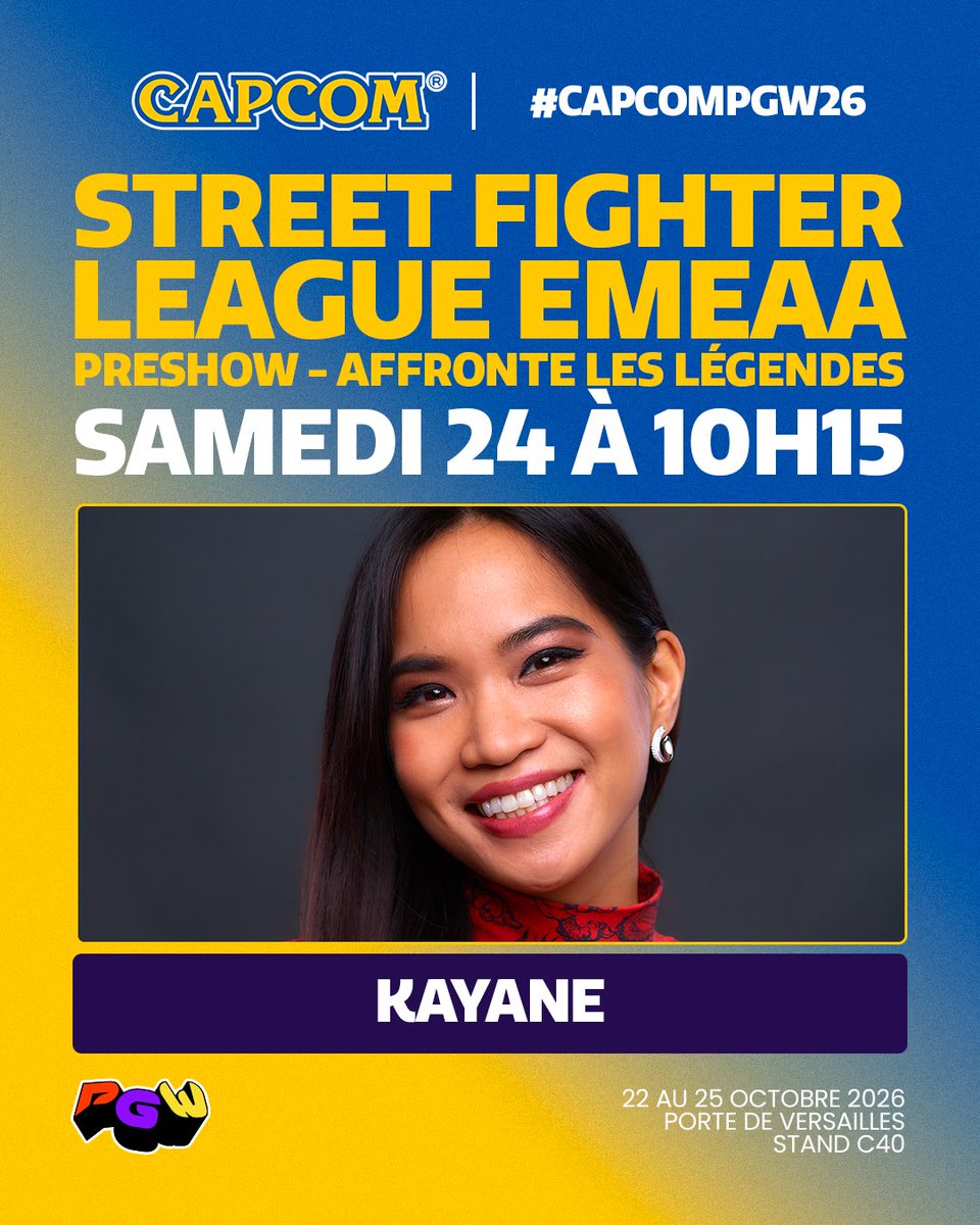 capcom_france's tweet photo. En preshow de la finale de la #SFLEMEAA2026, venez affronter @Kayane sur notre scène #CapcomPGW26 ce samedi 24 dès 10h15 🔥 https://t.co/iE04alfJMo