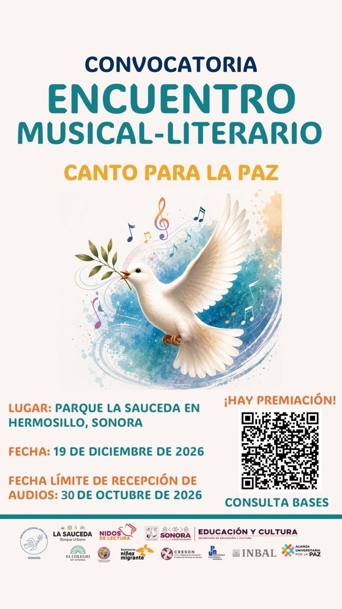 Colsonora's tweet photo. 📢 SE EXTINDE LA CONVOCATORIA📢

Se amplía la fecha de recepción de audios para participar en el encuentro musical-literario Canto para la Paz. 🕊️🎵

🗓️ Nueva fecha límite: 30 de octubre de 2026.

¡Prepara tu canción y haz que tu voz sea un mensaje de paz! https://t.co/hZkF9kXqjn