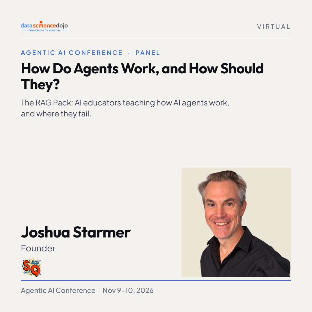 DataScienceDojo's tweet photo. We’re excited to welcome Joshua Starmer, Founder of StatQuest, to the Agentic AI Conference! 🎙️

Joshua will be joining the RAG Pack panel with Luis Serrano, Chris McCormick, and Jay Alammar. If you’ve ever learned AI from a video, a book, or a tutorial, there’s a good chance one of them taught you, and now you can hear all four together, live.

Joshua is the creator of StatQuest with Josh Starmer, the YouTube channel that makes statistics, machine learning, and AI approachable with clear, step-by-step explanations. He runs free live “Concepts and Code” lessons and teaches live machine learning courses that go from linear regression all the way to neural networks. Within the RAG Pack, his title is Chief Ukulele Strummer, and he brings his signature silly songs to his lessons.

📅 November 9–10, 2026 | Virtual | Free to attend
🔗 Register now to save your spot: https://t.co/0QI2BNpb4r 

#datasciencedojo #agenticaiconference #futureofdataandai