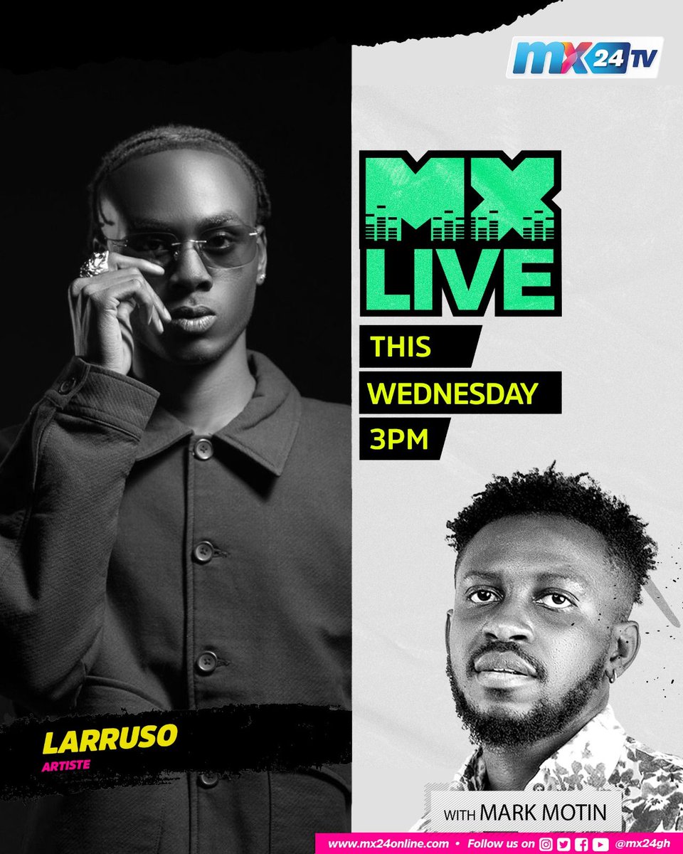 mx24gh's tweet photo. Join us on #MXLive as we host award-winning Dancehall artiste @Larruso_  to talk about new music and more! 🔥🎶

📺 Catch us live on ABC News and MX24 TV!

#mx24gh #funfearlessfactual #MXLive https://t.co/VjP6Sv9uRi