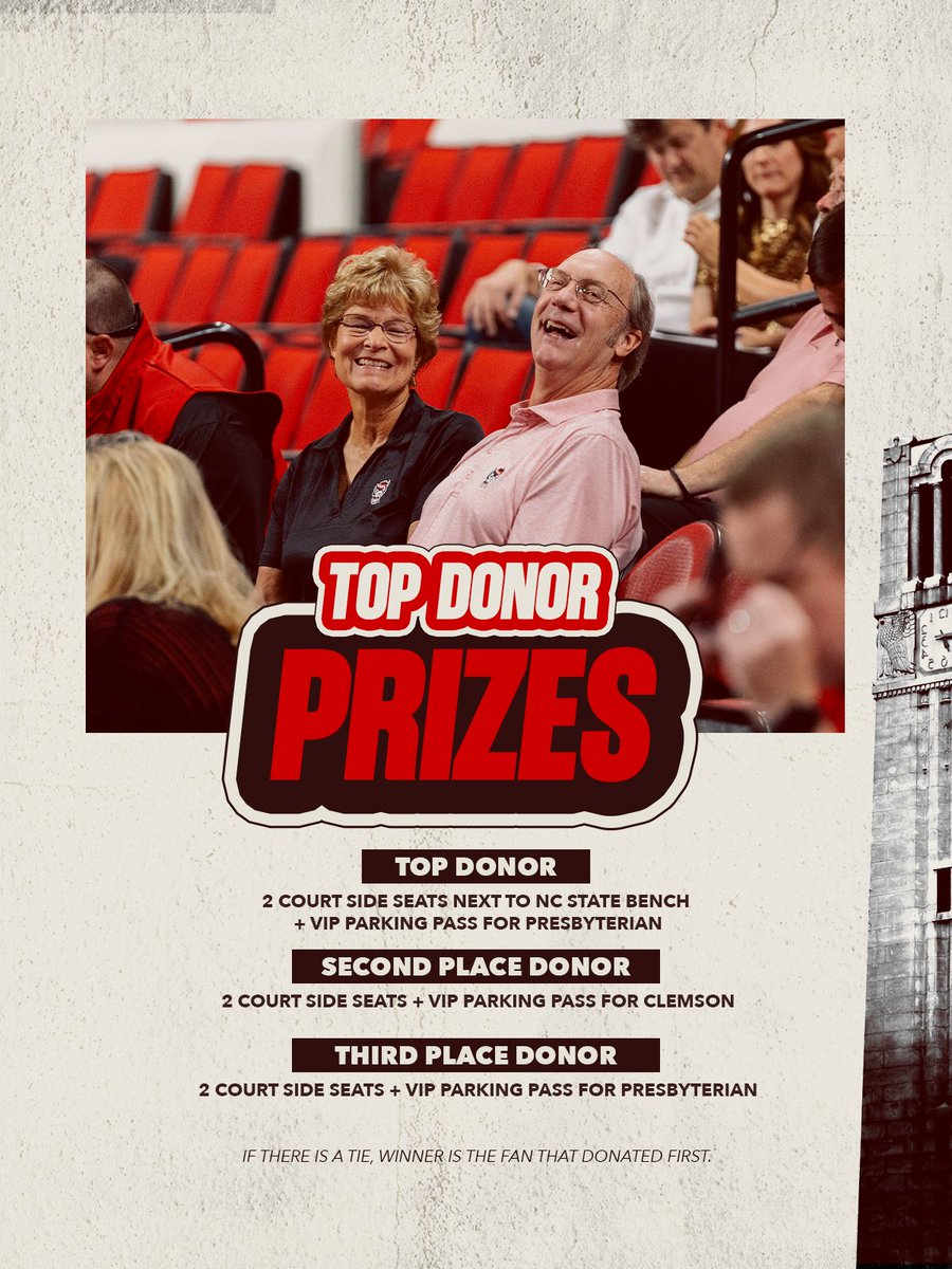 OnePackNIL's tweet photo. 🚨 The 2026 One Pack Basketball Celebration Sweepstakes is LIVE. 🚨

The grand prize sends you and a guest to Nashville for @PackMensBball vs. Tennessee, with round-trip airfare on the TEAM PLANE, game tickets and a stay at the team hotel included.

There are 13 prizes in play, including court side seats next to the NC State bench for Pitt on Jan. 6, signed memorabilia and closed-practice access.

Now, about those guaranteed rewards:

🏀 Donate $500+ and receive a full-size basketball signed by @CoachGainey or a current player.

Finish among the THREE highest donors and secure a game-day experience:

🏅TOP DONOR: Two court side seats next to the NC State bench for Presbyterian on Nov. 10, plus a pregame meeting with GM @PatrickJStacy.

🥈SECOND-HIGHEST: Two court side seats for Clemson on Jan. 2.

🥉THIRD-HIGHEST: Two court side seats for Presbyterian on Nov. 10.

All three include VIP parking and Lenovo Legends Club access with food and drink included. A tie goes to whoever donated to the sweepstakes FIRST, so we'd move fast.

🤩 Entry bonuses:
$25 = 250 entries
$50 = 500 entries
$100 = 2,000 entries (2x bonus)
$250 = 5,000 entries (2x bonus)
$500 = 15,000 entries (3x bonus)
$1,000 = 30,000 entries

Active 1PACK members of any tier on Nov. 1 receive double entries. Spare Change Round Up participants as of Nov. 1 automatically receive 100 entries.

Have friends who show up for the @PackAthletics? Earn 100 free entries for each friend who donates at least $25 through your unique Spotfund sharelink.

The celebration doesn’t stop at the door. Enter by Sunday, Nov. 1, at 8 p.m. ET.

ENTER HERE: https://t.co/rrpIt0MLLW

No purchase necessary. Free entry and official rules on the sweepstakes page. Maximum 50,000 entries per person across all methods; one sweepstakes prize per participant.

#GoPack #WPN #1Pack @PackWomensBball @WolfpackWes