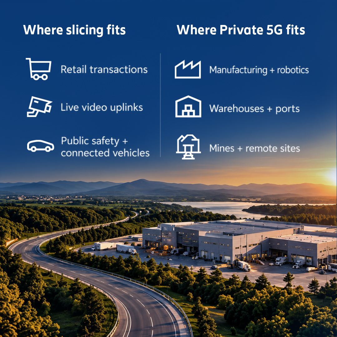 EricssonEnt's tweet photo. Private 5G and Network Slicing can both deliver more predictable wireless performance, but they get there in very different ways (think private road vs. reserved lane). Swipe through for a quick guide to where each fits and the questions to consider when choosing between them. https://t.co/ZZrq2Gaf9A
