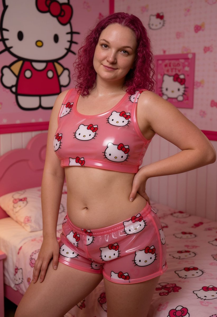Lizzy1262629's tweet photo. Ashlie in the pink room. Clear pink PVC crop and shorts with Hello Kitty print, purple hair, bed and wallpaper behind her.
#ClearPVC #PinkPVC #HelloKitty #PurpleHair #pvcfetish https://t.co/nMe7k28o9n