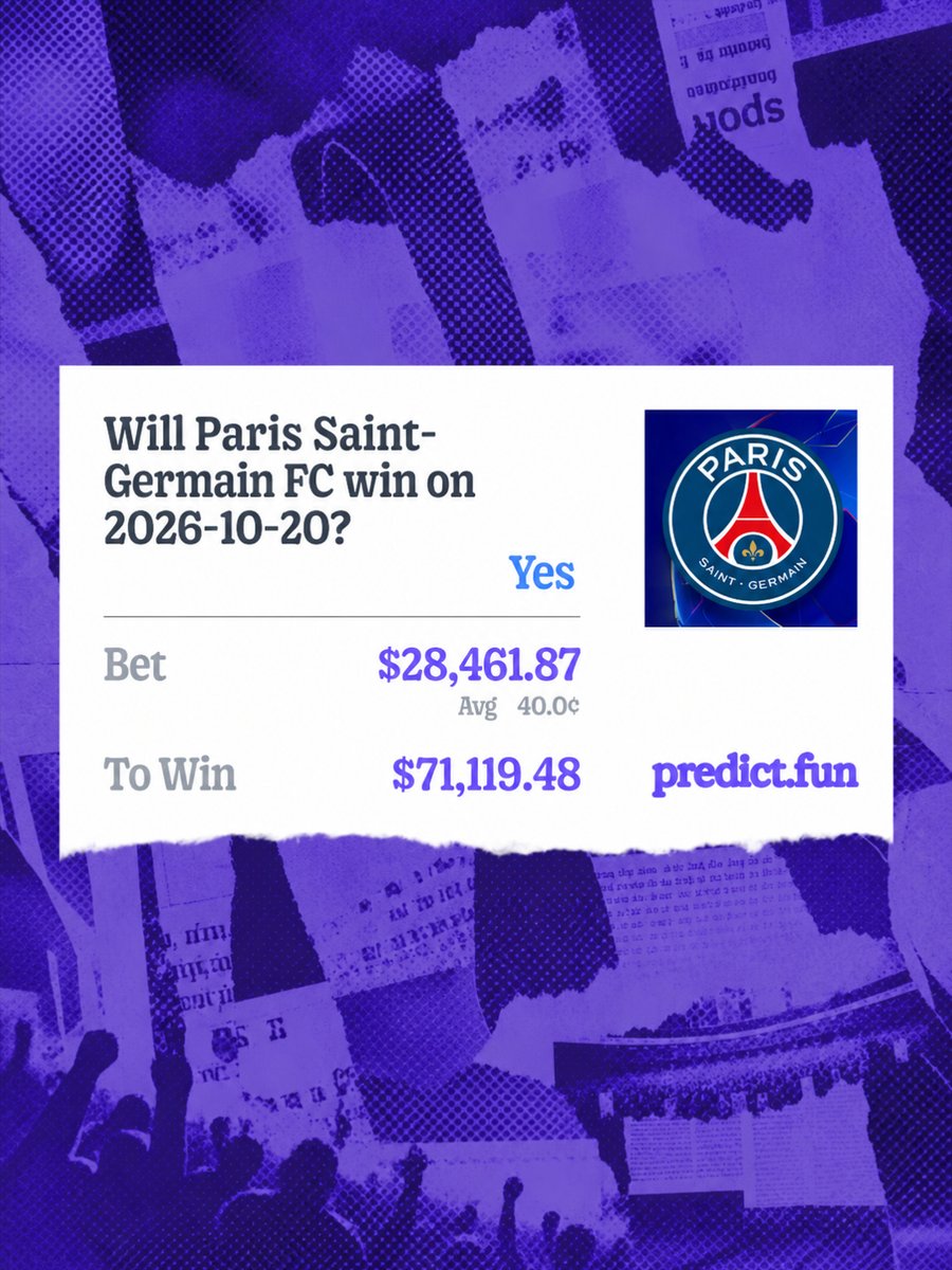 FConPredict's tweet photo. 🚨 $28,462 BET ON PSG! 👀

@predictdotfun user BoundAskPass1314 bets $28,462 on PSG to BEAT Barcelona in the UCL!

Potential payout: $71,119 💰 https://t.co/Wh0t05YchC