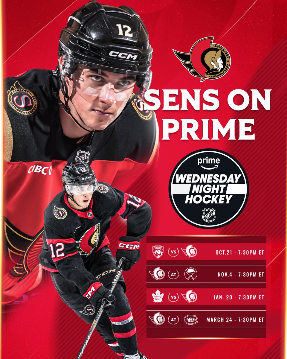 Senators's tweet photo. Prime time!

Tomorrow marks the first of four times this season the #Sens will be suiting up for @SportsOnPrimeCA Wednesday Night Hockey! https://t.co/9imoVVzPgy