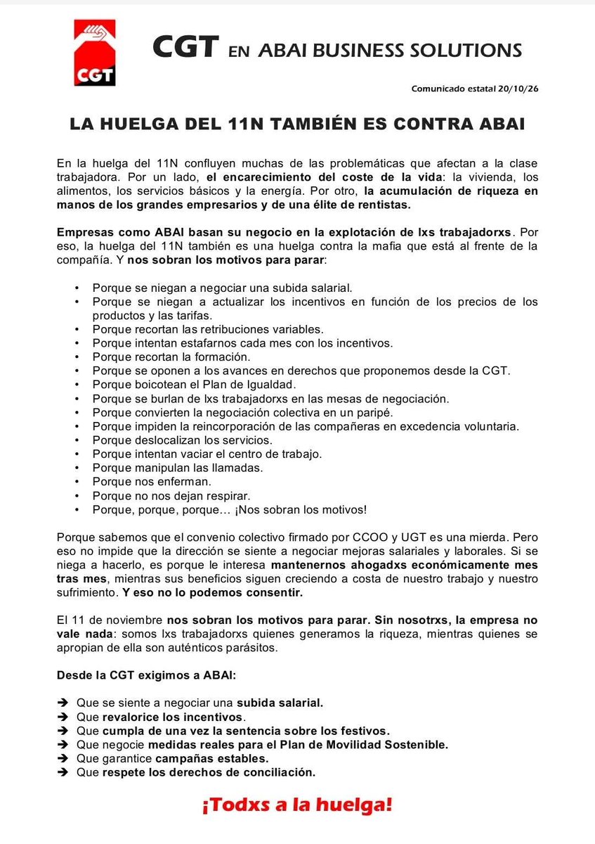 CGTEXTEL's tweet photo. LA HUELGA DEL 11N TAMBIÉN ES CONTRA ABAI ✊🏼 https://t.co/GtvK6qahDP