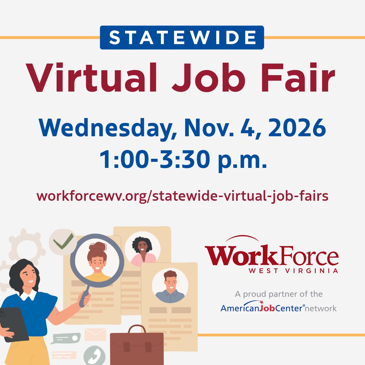 workforcewv's tweet photo. 💬 Don't miss the WorkForce WV Statewide Virtual Job Fair on November 4 from 1:00-3:30 PM! Dress for success, find a calm spot, and connect with top employers. Register today and take the first step to your new career! https://t.co/8yjBJZWNpi https://t.co/pUoypQMyzK