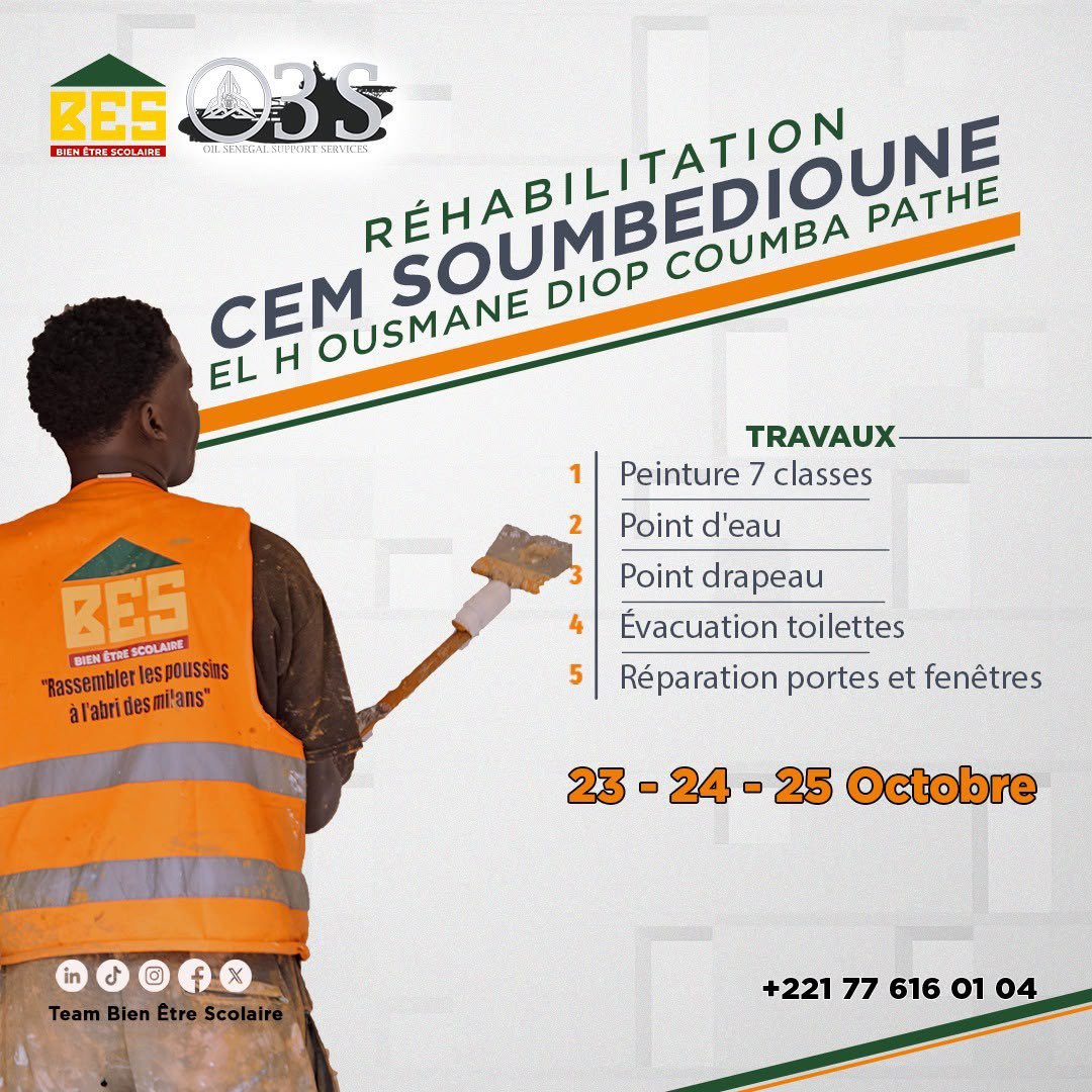 LeProfane's tweet photo. Du 23 au 25 octobre, l’Association Bien-Être Scolaire (@TeamBES_), en partenariat avec Oil Sénégal Support Services (O3S), se mobilise au CEM Soumbédioune El Hadji Ousmane Diop Coumba Pathé pour offrir aux élèves un cadre d’apprentissage plus propre, plus sûr et plus accueillant.

🎨 Peinture de 7 classes
💧 Aménagement d’un point d’eau
🇸🇳 Installation d’un point drapeau
🚻 Évacuation des toilettes
🛠️ Réparation des portes et des fenêtres

Rejoignez-nous, ce week-end, à Soumbédioune et participer aux activités de rénovation pour le Bien Être Scolaire.

#TeamBES #senegal #ODD4 #rentree2026