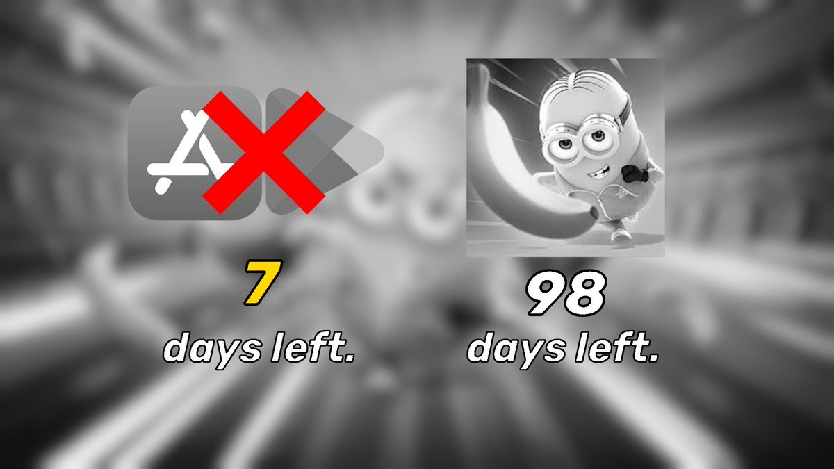 MinionRushEOSCD's tweet photo. 98 days until Minion Rush shuts down!
7 days until the game's removal from app stores!
5 days until World Tour ends!
3 days until Retro Rush, Lost Reels and Minion Mash-Up end! https://t.co/0a8Wu42yF5