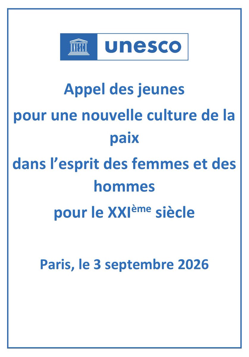 jnbarrot's tweet photo. La voix de la jeunesse compte. Elle doit être entendue.
 
Cet été, 145 jeunes venus de 135 pays se sont réunis autour d’une même ambition à Paris : lancer un appel à une nouvelle culture de la paix, pour que leurs préoccupations, leurs idées, leurs aspirations soient prises en compte.
 
Aujourd’hui, à Paris, l’UNESCO vient d’adopter formellement leur « Appel pour une nouvelle culture de la paix au XXIeme siècle ».

Que chacun s'en saisisse !

La paix entre les Nations comme la paix civique résident dans la capacité des femmes et des hommes éclairés à trancher leurs différents respectueusement, reconnaissant qu'ils partagent un avenir commun.

➜  https://t.co/6BDuZ7asCm