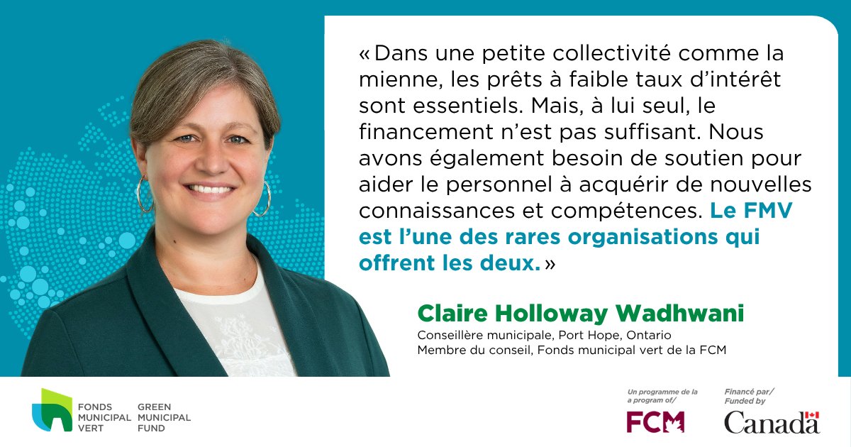 FondsMuniVert's tweet photo. Les municipalités ont besoin des bons outils – pas seulement du financement – pour transformer des plans ambitieux en mesures concrètes. 

En tant que conseillère de Port Hope et membre du conseil du Fonds municipal vert de la FCM,  Claire Holloway Wadhwani comprend l’importance de ces deux leviers.
 
Avec le soutien du gouvernement du Canada, le FMV fournit aux municipalités du financement, des ressources et de la formation pour renforcer les capacités, offrir des solutions durables et générer des avantages locaux à long terme. 

Pour en savoir plus l’impact du FMV : https://t.co/tcVRQuq6Gm