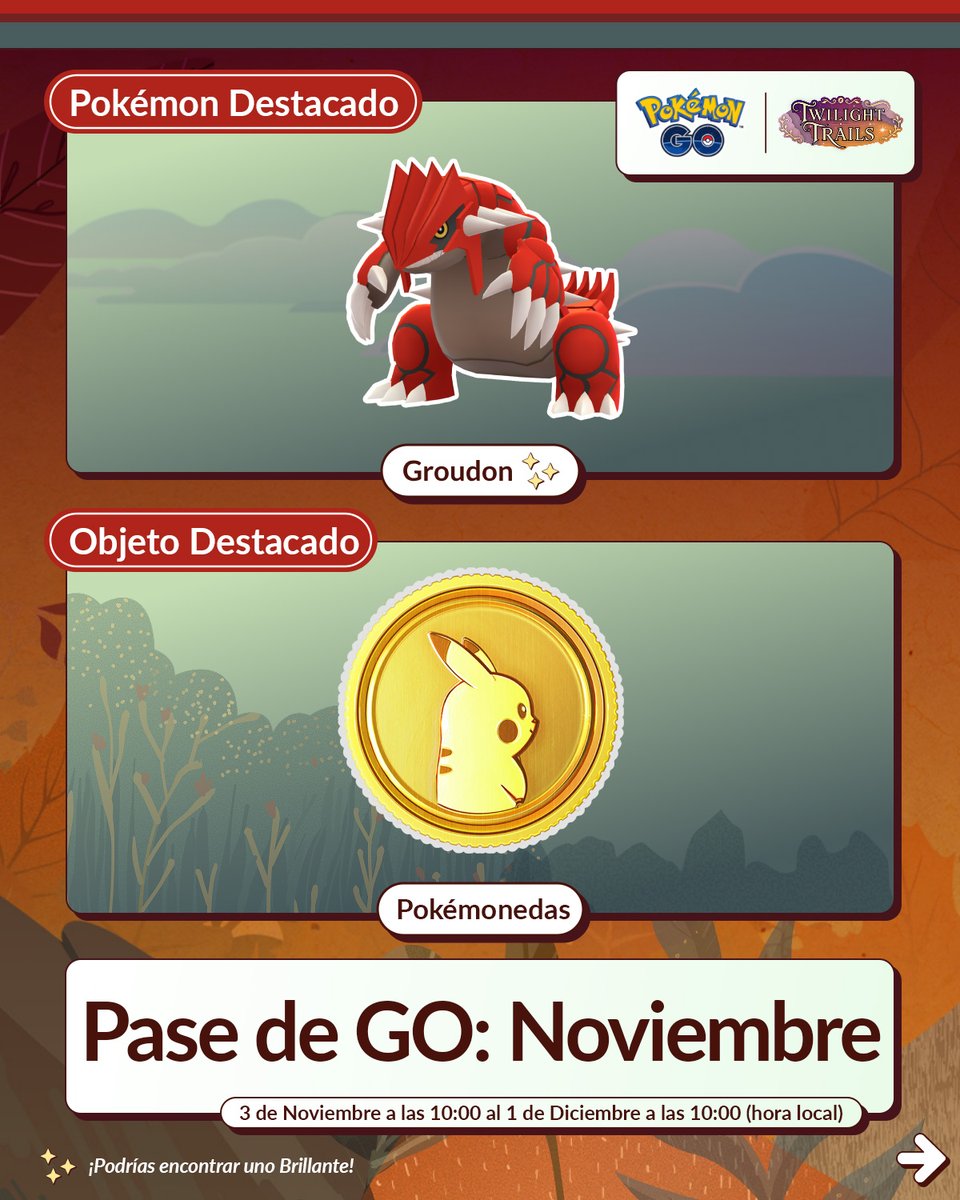 PokemonGoAppLA's tweet photo. ¡Obtengan puntos de GO para subir de rango, encuentren a Groudon y más en #PokemonGO!

Los Entrenadores que mejoren al Pase de GO Deluxe podrán ganar más Pokémonedas 🤩
Del 3 de noviembre a las 10:00 al 1 de diciembre a las 10:00 hora local

https://t.co/kk0gx7RE2K https://t.co/z8lLD2Xjx0