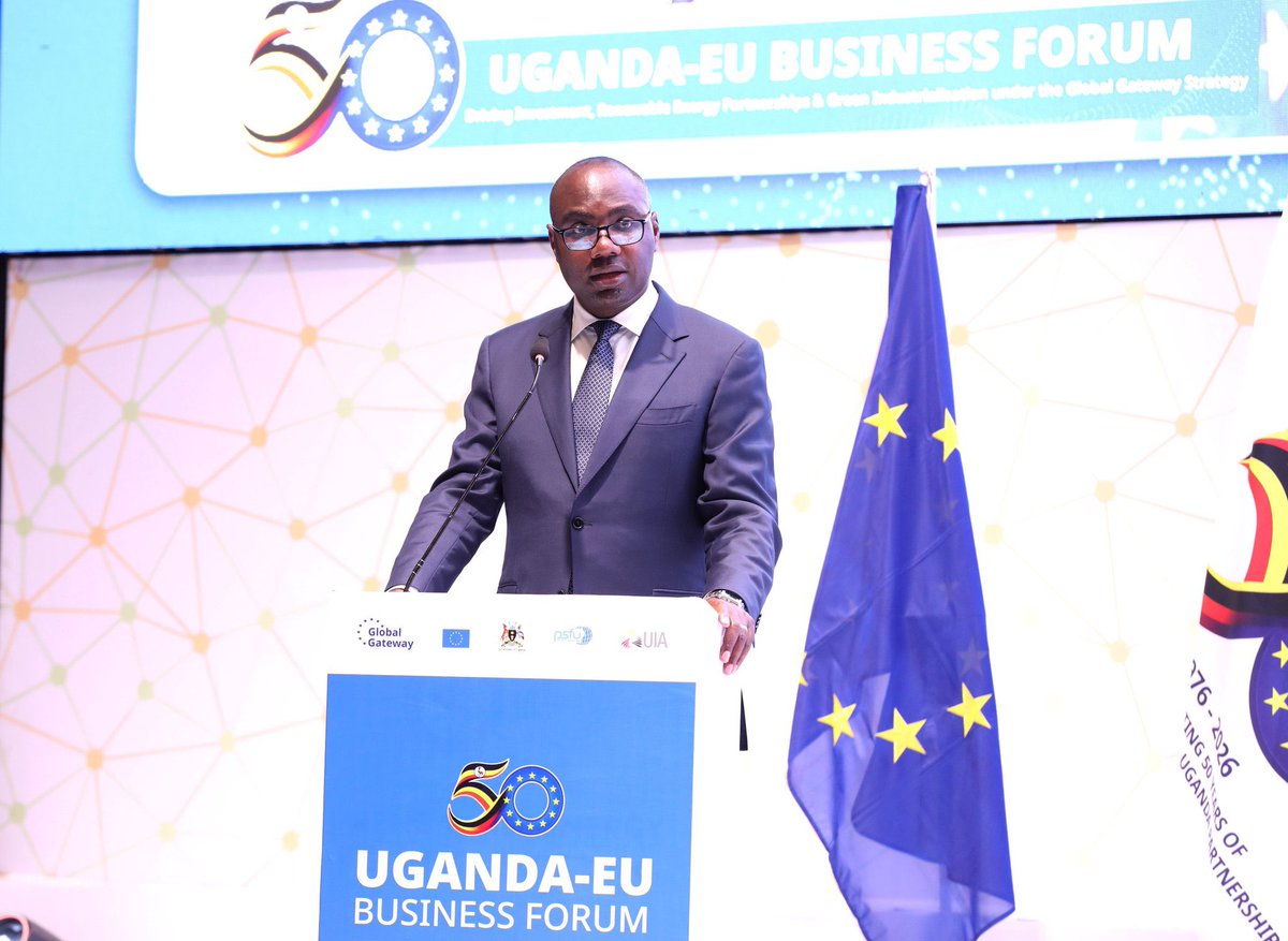 henrymusasizi1's tweet photo. In my remarks today at the first day of the two-day Uganda-EU Business Forum, I called for increased European Union @EUinUG  investment in Uganda’s energy sector to accelerate renewable energy development, drive industrialization and support the country’s ambition of building a US$500 billion economy by 2040.

The forum was held under the theme “Driving Investment, Renewable Energy Partnership and Green Industrialization under the Global Gateway Strategy.”

Reliable and adequate electricity supply was critical to implementing the Government’s Tenfold Growth Strategy, which prioritizes Agro-industrialization, tourism development, mineral development, including oil and gas, and science, technology and innovation.

Uganda targets electricity generation capacity of 20,000 megawatts (MW) by 2040, with Shs 2.1 trillion allocated to energy development in the FY2026/27 national budget. Key priorities include the 380MW Kiba Hydropower Project, a 10MW floating solar plant at Isimba, at least 500MW of utility-scale solar projects in the Elgon and Acholi regions, expanded transmission infrastructure to serve industrial parks and export processing zones.

I highlighted investment opportunities in hydropower, geothermal, solar, wind and nuclear energy, alongside technology transfer, manufacturing and value addition. He noted that 27 geothermal sites had been identified, with an estimated potential of 1,500MW.

I also emphasized that a diversified energy mix would strengthen manufacturing, enhance export competitiveness and support the production of higher-value goods. 

I also called for stronger Uganda-EU commercial ties, noting that Uganda’s exports to the EU grew from approximately €500 million in 2019 to €1.8 billion in 2025, while exports of goods and services reached US$18.4 billion in FY2025/26.

I urged European investors to pursue joint ventures, public-private partnerships and technology acquisition while supporting market access for Ugandan value-added products to stimulate productivity, job creation and economic growth.
