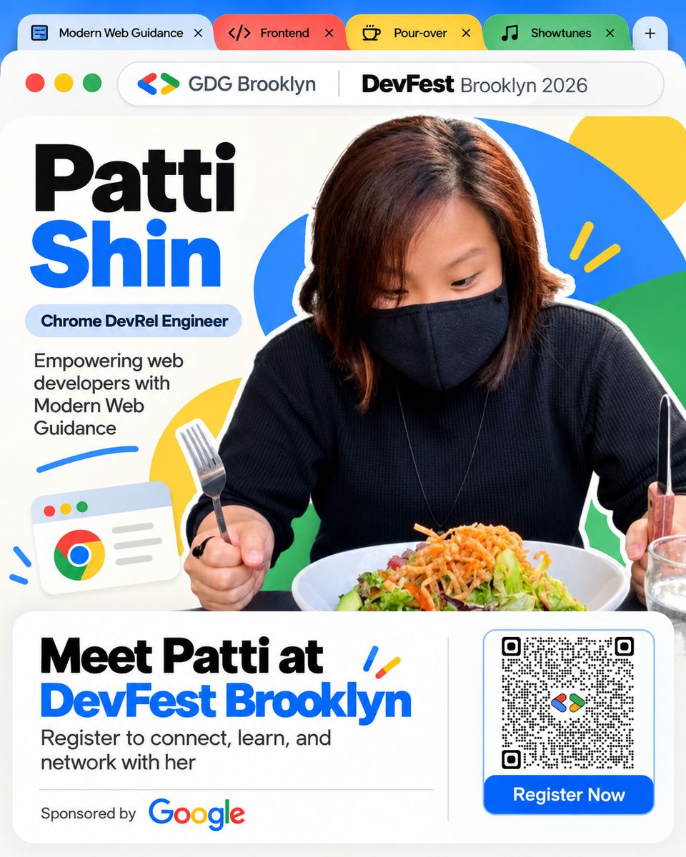 GDGBrooklyn's tweet photo. Speaker Spotlight: Patti Shin 🎤

Meet Patti Shin, Chrome DevRel Engineer and frontend engineer at heart, at DevFest Brooklyn 2026.
Patti works on empowering web developers through Modern Web Guidance, and she’s also spent years building developer communities through GDG and Women Who Code.

Join us to hear from Patti, connect with her, and network with developers across the community.
📅 October 30
📍 Downtown Brooklyn

🎟️ Register now — scan the QR in the post
https://t.co/Onm6WfxCNx

#DevFest #DevFestBrooklyn #GDGBrooklyn #GoogleDeveloperGroups #Chrome #WebDevelopment #Frontend #DeveloperCommunity #BrooklynTech