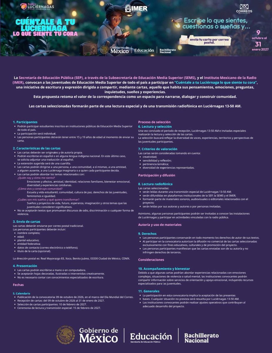 Roronava's tweet photo. 🔊🔉 ¡Comunidad @CONALEP_Mex!

Participen en “Cuéntale a tu Luciérnaga lo que siente tu cora” y compartan, a través de una carta, sus sentimientos, sueños e inquietudes.

¡Rescatemos la tradición de escribir y enviar cartas por @CorreosdeMexico! Recuperemos el valor de escribir con el corazón, tomarnos el tiempo para poner en palabras lo que sentimos y hacer llegar nuestras historias a otras personas.

📅 Tienen hasta el 31 de enero de 2027 para enviar su carta.

#CONALEP #BachilleratoNacional #CuéntaleATuLuciérnaga #CorreoPostal