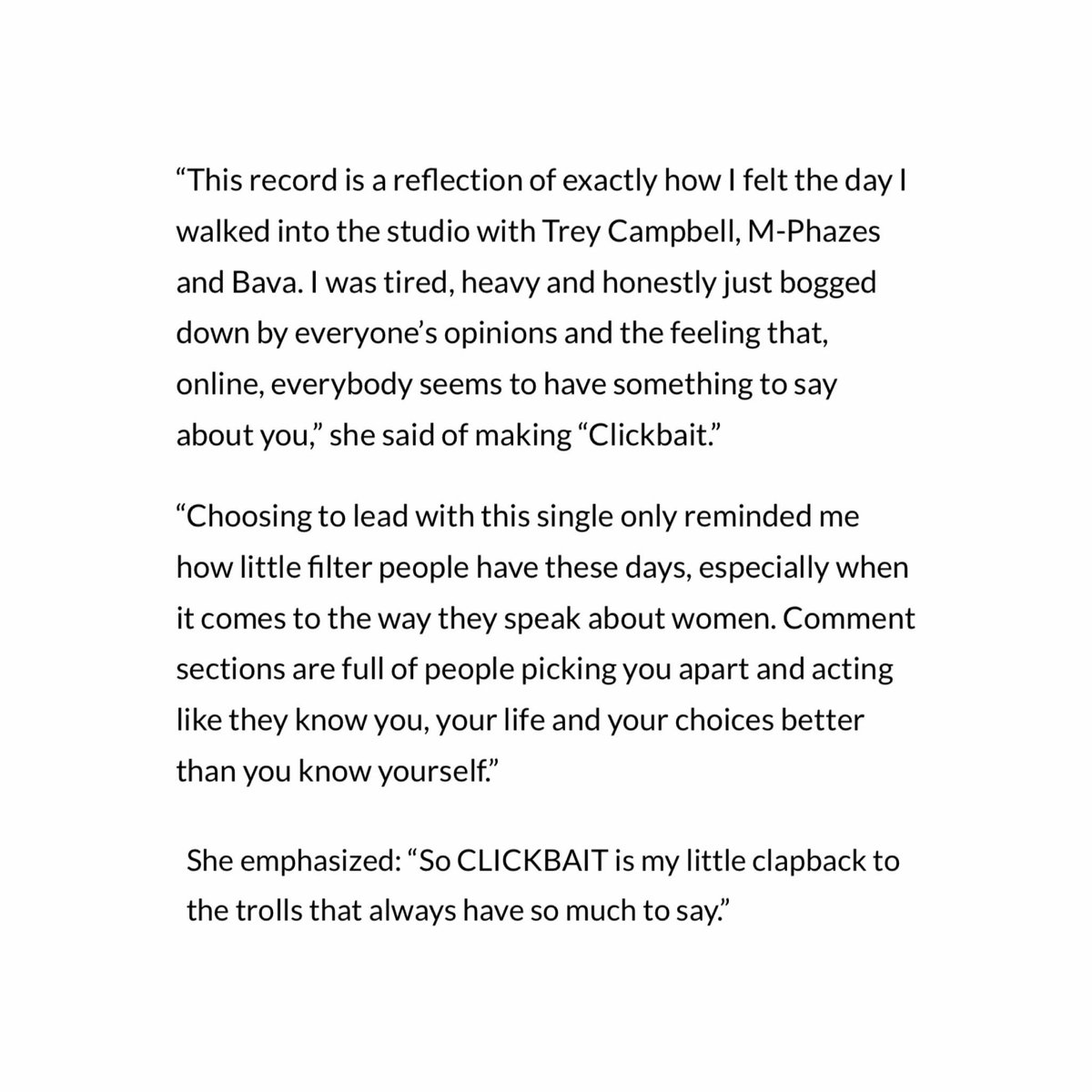 LAPManagement's tweet photo. Leigh-Anne speaks to Euphoria Magazine on meaning behind new track, ‘Clickbait:’

“This record is a reflection of how I felt the day I walked into the studio… reminded me how little filter people have these days, especially when it comes to the way they speak about women.” https://t.co/PYhuMRvsju