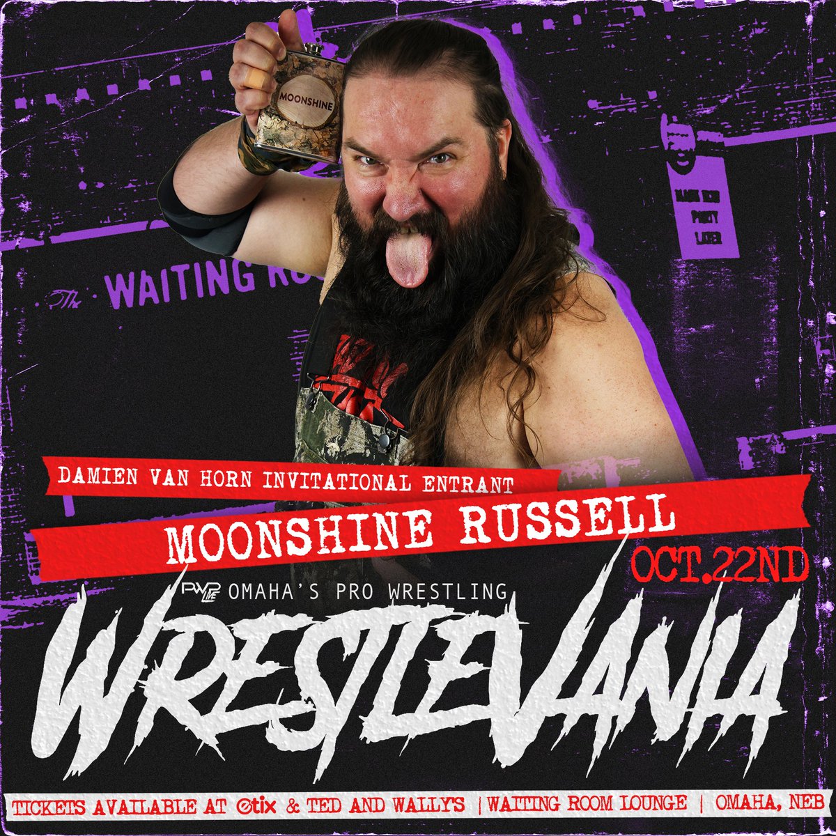 PWPLive's tweet photo. The next entrant to announce for the DVH Invitational, a man who knew and competed with Damien Van Horn - MOONSHINE RUSSELL!!!

PWP WrestleVania 

THIS THURSDAY, October 22nd, at The @Waiting_Room Lounge in Omaha, NE! https://t.co/hPhxV1yCAg