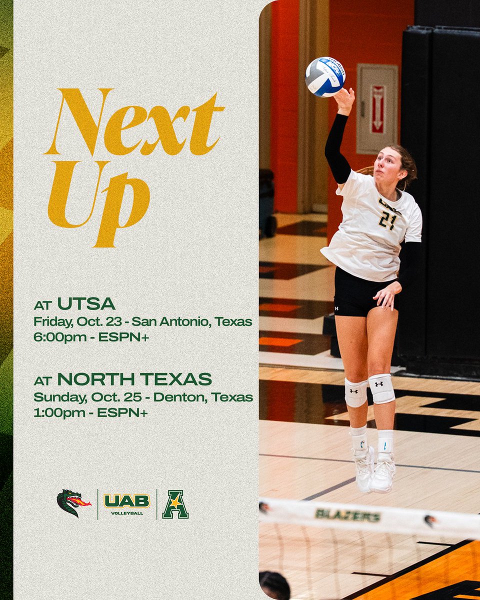 UAB_VB's tweet photo. Back on the road this weekend to take on UTSA and North Texas ⏭️

#WinAsOne https://t.co/ztZVMg8rwJ