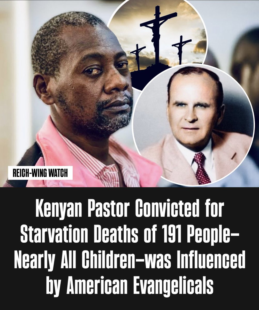 ReichWingWatch's tweet photo. 🚨Kenyan preacher Paul Mackenzie was convicted this week of murder in the deaths of 191 people, nearly all children, after ordering followers of his Good News International Church to starve themselves and their kids so they could “meet Jesus” before the world ended. More than 400 bodies have been recovered from the Shakahola Forest compound since 2023.

His apocalyptic message didn’t emerge in isolation. Court testimony and reporting trace key elements of his doctrine to American evangelical and Pentecostal sources. Investigators and former members link his end-times radicalism to mid-20th-century American healer William Branham, whose “End-Time Message” materials circulated widely. Branham, a Pentecostal evangelist who helped launch the postwar healing revival, promoted isolation from secular institutions, rejection of modern medicine, and a rigid hierarchy of spiritual purity. Those ideas echoed in Mackenzie’s ban on schools, hospitals, and government IDs.

A Black American pastor named Yeshaiah Alexander, described in testimony as a friend of Mackenzie, further shaped the group’s fatal turn. Witnesses said Alexander introduced the “Kibbutz” model of communal, secluded living around 2019. That concept helped justify the move into the remote forest, where guards enforced fasting and children were isolated first. Mackenzie also invited other foreign preachers, including white pastors, to mentor the flock.

Though Mackenzie publicly denounced the U.S. as part of a satanic “New World Order,” his movement drew from the same American Pentecostal ecosystem of personal revelation, end-times urgency, and rejection of worldly systems that has long exported Christianity across Africa. The Kenyan court ruled the church operated as a structured doomsday cult with a “hierarchy of death.”

The case shows how American evangelical networks, through traveling preachers, recorded sermons, and informal partnerships, can seed extreme interpretations abroad. As Mackenzie awaits sentencing, Shakahola raises questions about the unexamined export of radical American Christian ideas and the body count left in their wake.