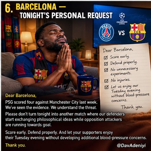 DavAdeniyi's tweet photo. Dear Barcelona,
PSG scored four against Manchester City last week.

We've seen the evidence.

We've reviewed the footage.

We understand the threat.

Please don't turn tonight into another match where our defenders start exchanging philosophical ideas while opposition attackers are running towards goal.

Score early.

Defend properly.

And let your supporters enjoy their Tuesday evening without developing additional blood-pressure concerns.

Thank you.
