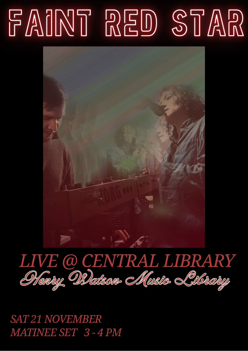 MancLibraries's tweet photo. Next month, Faint Red Star perform at Central Library.

The rising MCR duo blend brooding synth-pop, dark wave, and alternative textures. For fans of Portishead / Chromatics / XX.

Tickets: pay-what-you-like.
Matinee set. 3-4pm.
Sat 21 November.
Tix: https://t.co/WlnO31XR8u https://t.co/av9cmS8NzR
