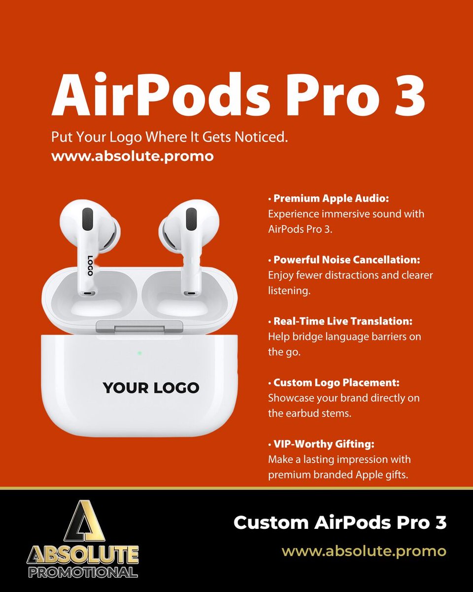 PromosAbsolute's tweet photo. 1/ Want a gift they will use every day? Custom AirPods Pro 3 with your logo on the case. 🎧 https://t.co/3zdH0OOkI8