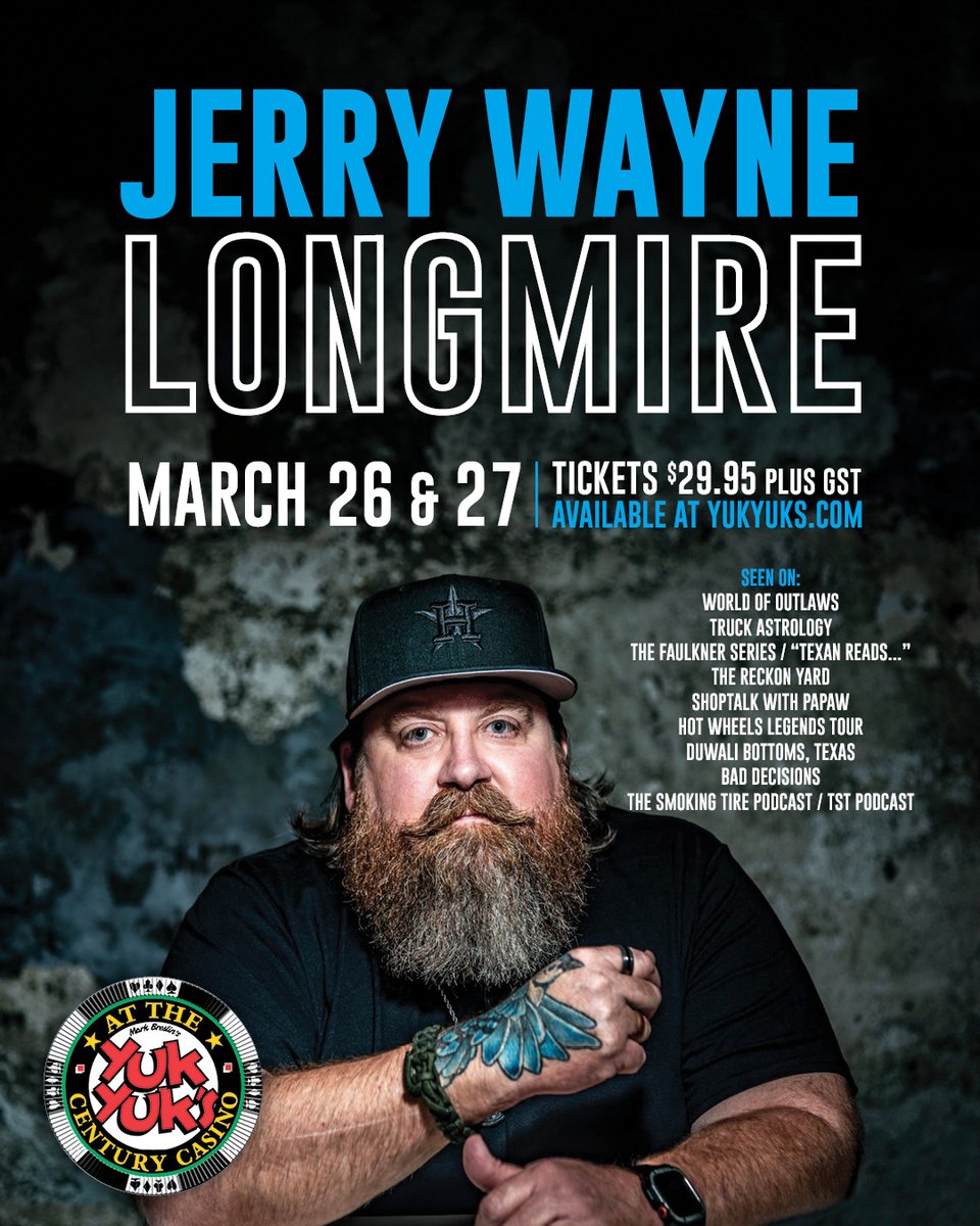 CenturyCasEDM's tweet photo. Jerry Wayne Longmire is coming to Yuk Yuk’s Century Casino on March 26 &amp; 27!

Don't miss out tickets are $29.95 + GST.   
Get yours now at https://t.co/ZOUmJPrvtU
#YukYuks #StandUpComedy #JerryWayneLongmire #LiveComedy https://t.co/A2MNdPqQTS
