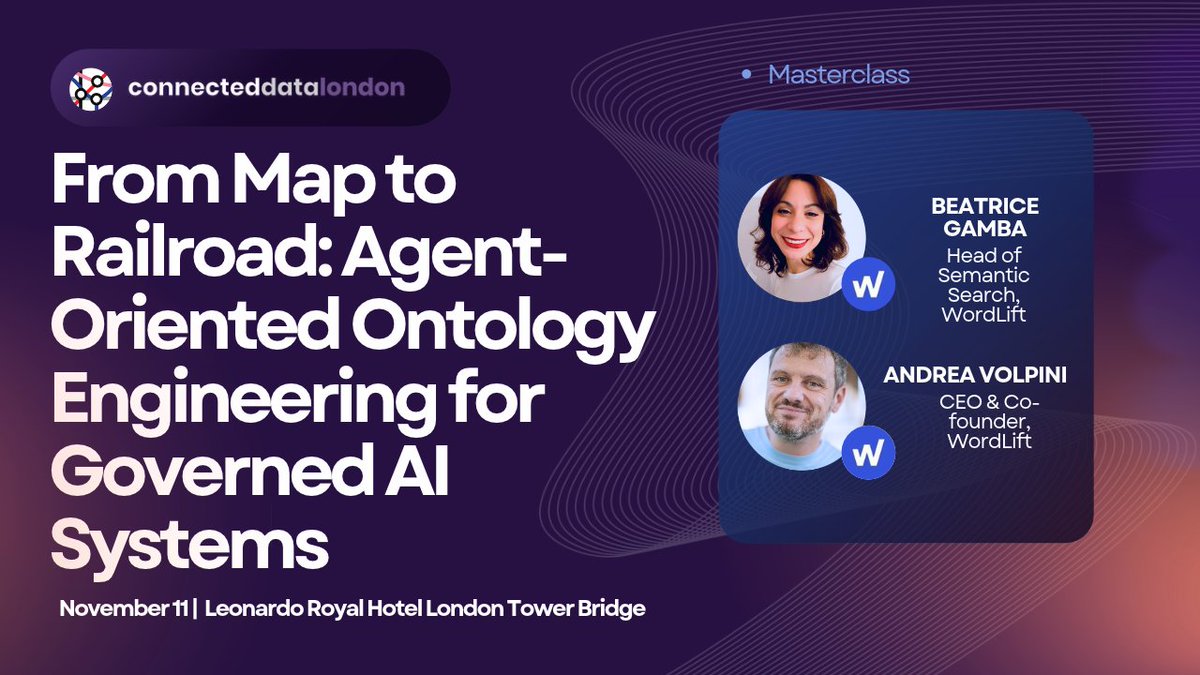 Connected_Data's tweet photo. What if AI agents didn't just know what to do, but also understood what they're allowed to do?

That's the challenge behind From Map to Railroad, a hands-on masterclass coming to Connected Data London 2026. Beatrice Gamba and Andrea Volpini of WordLift are exploring how ontology engineering can help make agentic AI more predictable, governed and ready for real-world enterprise use.

The idea is to move beyond ontologies that simply describe a domain. By connecting semantic models with executable constraints and defined states, teams can give AI agents clearer boundaries for the actions they take - rather than leaving business rules and permissions entirely to an LLM's interpretation.

During this practical session, attendees will work through Python exercises exploring how OWL and SHACL can support constraint enforcement, traceable decisions and more reliable tool execution. They'll also look at how this approach can generate useful data for training and improving specialised AI models.
You will leave this session knowing how to turn organisational knowledge into something AI agents can actually operate within - with governance built into the architecture.

If you're working on agentic AI, enterprise knowledge graphs or the challenge of making autonomous systems accountable, bring your curiosity (and your Python skills) to this session.

From Map to Railroad: Agent-Oriented Ontology Engineering for Governed AI Systems
🎤 Beatrice Gamba & Andrea Volpini - WordLift
🗓️ Wednesday 11 November 2026, 3:30-5:30 PM
📍 Ontology Engineering & Practice Track, Salisbury Suite

⭐ Explore the session further and secure your CDL26 pass: https://t.co/n4vziM2trf 

#CDL26 #AgenticAI #KnowledgeGraphs #Ontology #AI #DataGovernance #SemanticWeb
