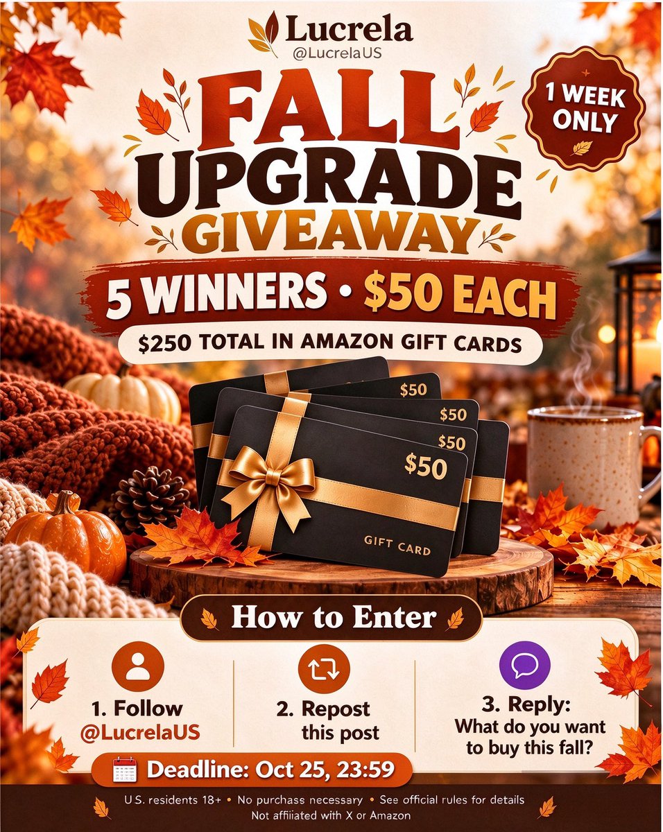 LucrelaUS's tweet photo. 🍂 FALL UPGRADE GIVEAWAY is in full swing! 🎁
5 lucky winners will each get a $50 Amazon Gift Card!🎉
Enter now:
1. Follow @LucrelaUS
2. Repost
3. Reply: What do you want to buy this fall?

⏰ Deadline: Oct 25, 23:59

#Giveaway #GiftCard #AmazonGiveaway https://t.co/UQ4Wy7NSbg