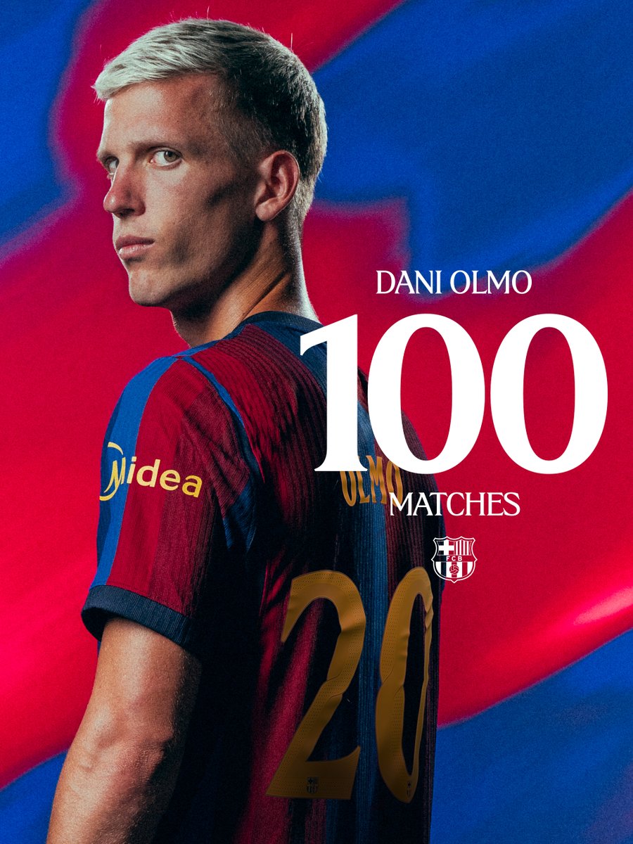 FCBarcelona's tweet photo. 100 games for Dani Olmo with Barça 👏

Here’s to many more, Dani 💙❤️ https://t.co/Hd51pyUqZ2