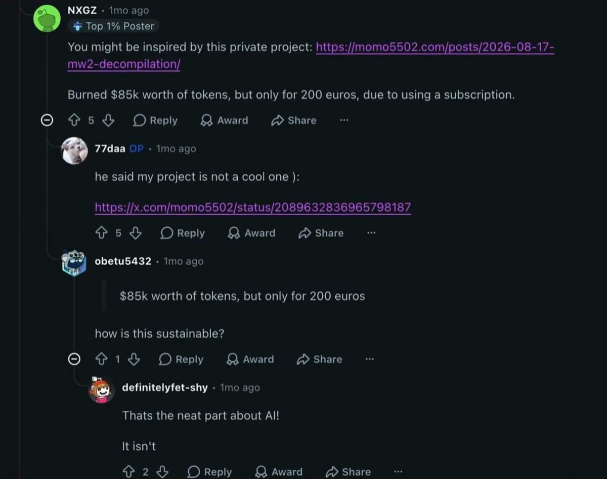 AceInTheH0's tweet photo. @ChamanthaPlays I look at the amount of frontier lab cash single subscription users are burning, and keep wondering for how much longer their VCs will allow it. https://t.co/germsA4RoO