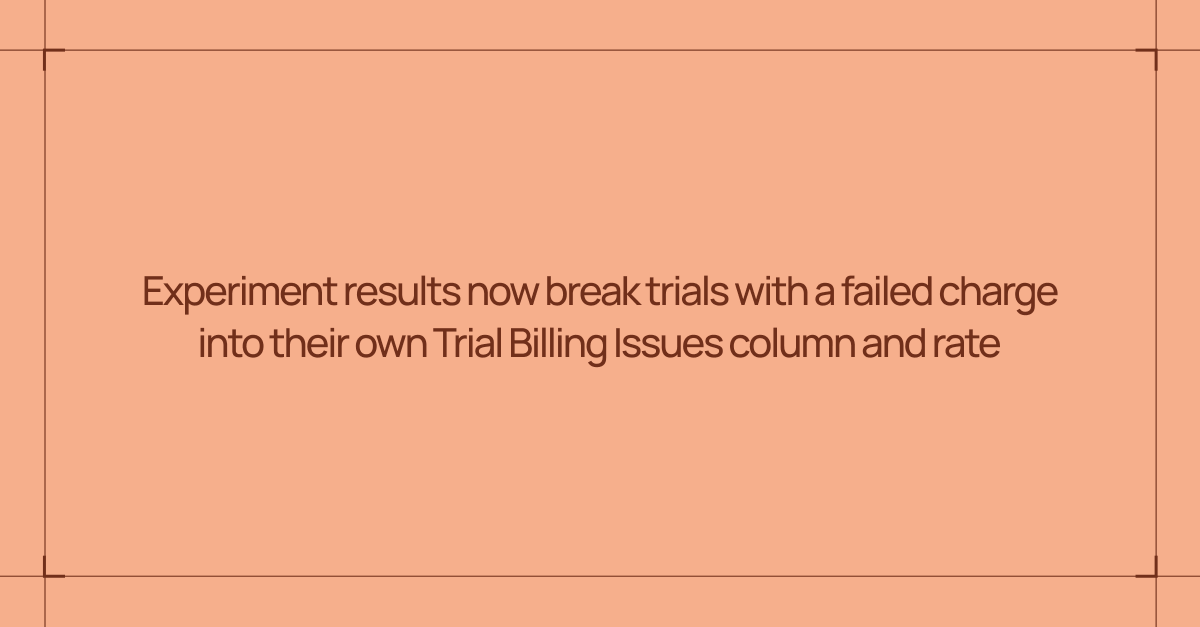 Superwall's tweet photo. ICYMI:

A small but handy QoL update: experiment results now separate out trials where the charge failed. You'll find them in their own Trial Billing Issues column, so they don't get lost in the mix. https://t.co/rCzksyoKRQ