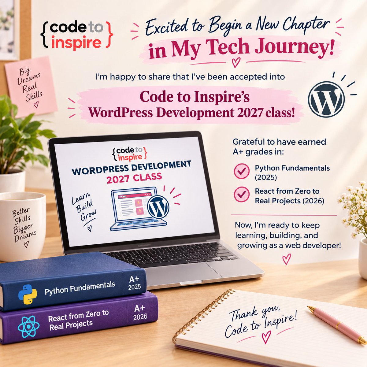 Zahra270881's tweet photo. Excited to share that I’ve been accepted into Code to Inspire’s WordPress Development 2027 class!

I’m ready to keep learning, building, and growing as a web developer! 

Thank you, @CodetoInspire
@f_forough
@Wajiha_Niazi

#CodeToInspire #WordPress #WebDevelopment #WomenInTech https://t.co/cet5nHREs0
