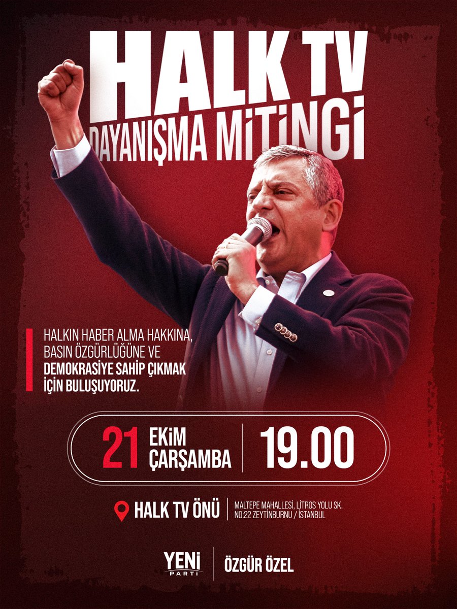 eczozgurozel's tweet photo. Halkın haber alma hakkına, basın özgürlüğüne ve demokrasiye sahip çıkmak için yarın akşam Halk TV önünde buluşuyoruz. 

Tüm İstanbulluları özgür basına sahip çıkmaya davet ediyorum. 

🗓️21 Ekim Çarşamba 
⏰19.00
📍Halk TV önü | Zeytinburnu - İstanbul https://t.co/7AlSZQivyU