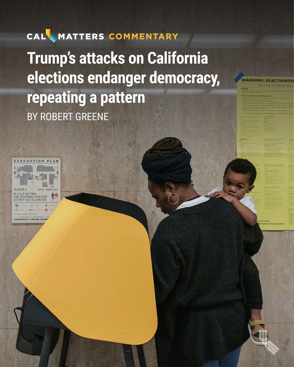 CalMatters's tweet photo. Opinion | The Trump administration’s attack on California’s ongoing elections is merely one episode in a long and dismal series of efforts to undermine confidence in the integrity of the American democratic system. https://t.co/Nt3g5pA7sw

📝 Robert Greene
📸 Pablo Unzueta https://t.co/z6oKuefhVT