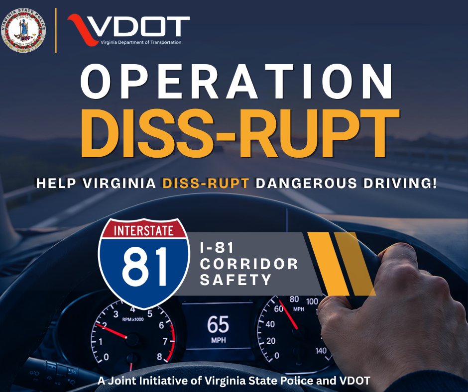 VSPPIO's tweet photo. 🚨 Operation DISS-RUPT hits I-81 Oct. 21–22!

Virginia State Police will increase patrols to target dangerous driving.

Help DISS-RUPT dangerous driving by:
✅ Ditch distractions
✅ Never drive impaired
✅ Obey speed limits
✅ Buckle every seat
#DriveSafeVA 💙 https://t.co/LwsF7jLYc6