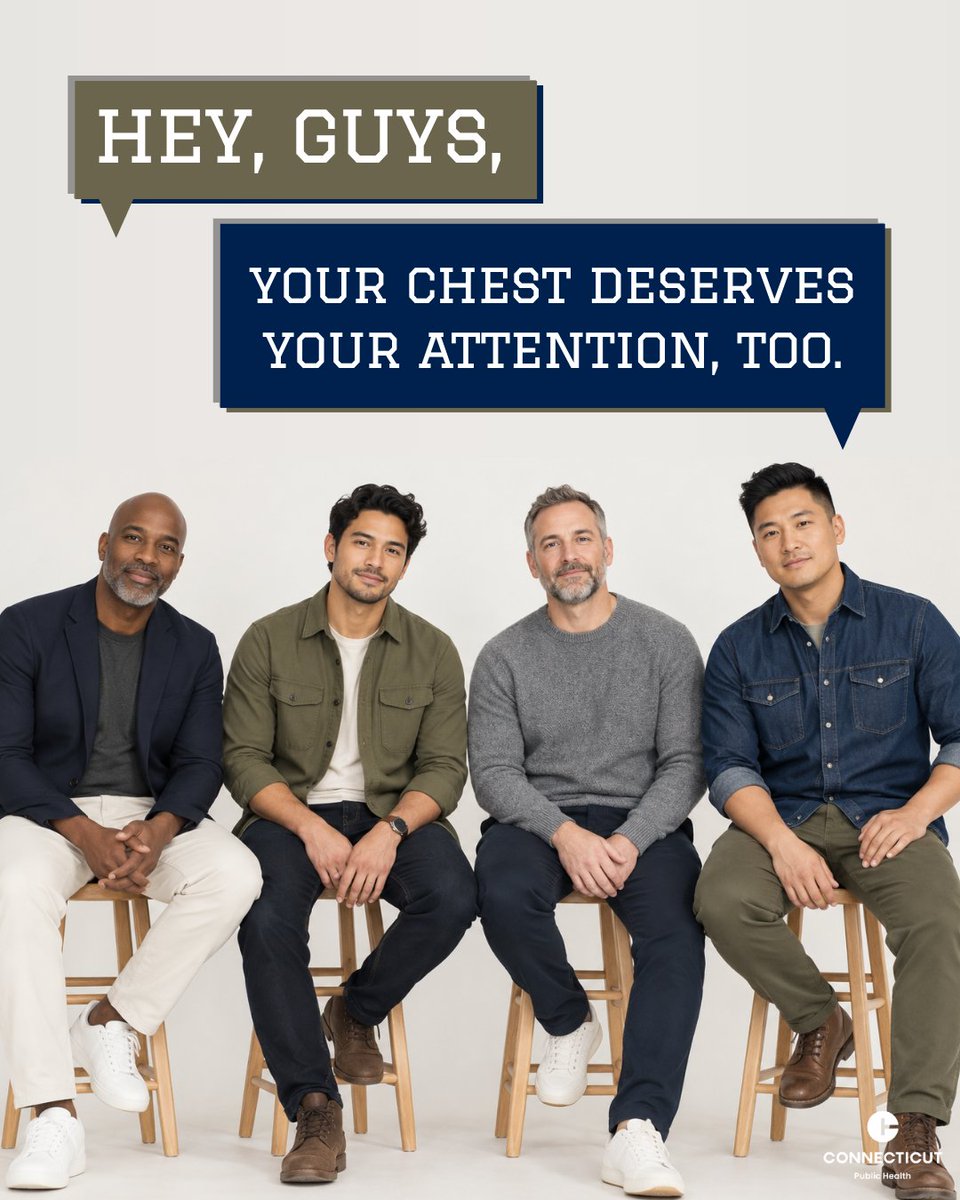 CTDPH's tweet photo. Hey, guys. Your chest deserves your attention, too. 

Breast cancer can affect men, even though it’s rare. A lump or swelling, changes to the skin or nipple, nipple discharge, or other unusual changes are reasons to talk with your healthcare provider. 

Talk with your healthcare provider about a lump, nipple change, or anything else that feels unusual.

If something’s changed, get it checked. 

Find a testing location in CT: https://t.co/cxrHBG171o

#MensBreastCancerAwareness #BreastCancerAwareness #Connecticut
