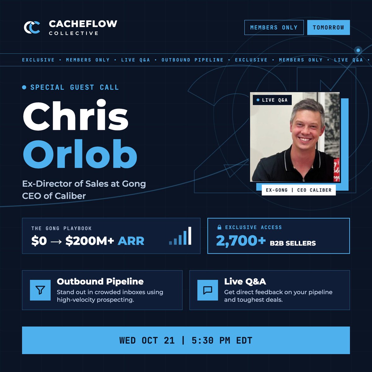 FidelCacheFlow's tweet photo. Tomorrow we’re sitting down with @Chris_Orlob, CEO of Caliber and ex-Director of Sales at Gong, for an open conversation on GTM, Sales Leadership, Pipeline, and what it took to scale Gong from $0 to $200M+ ARR

Bring your questions for the live Q&A.

📅 Wed, Oct 21 at 5:30 PM EDT
🔒 CC Members only, link in reply