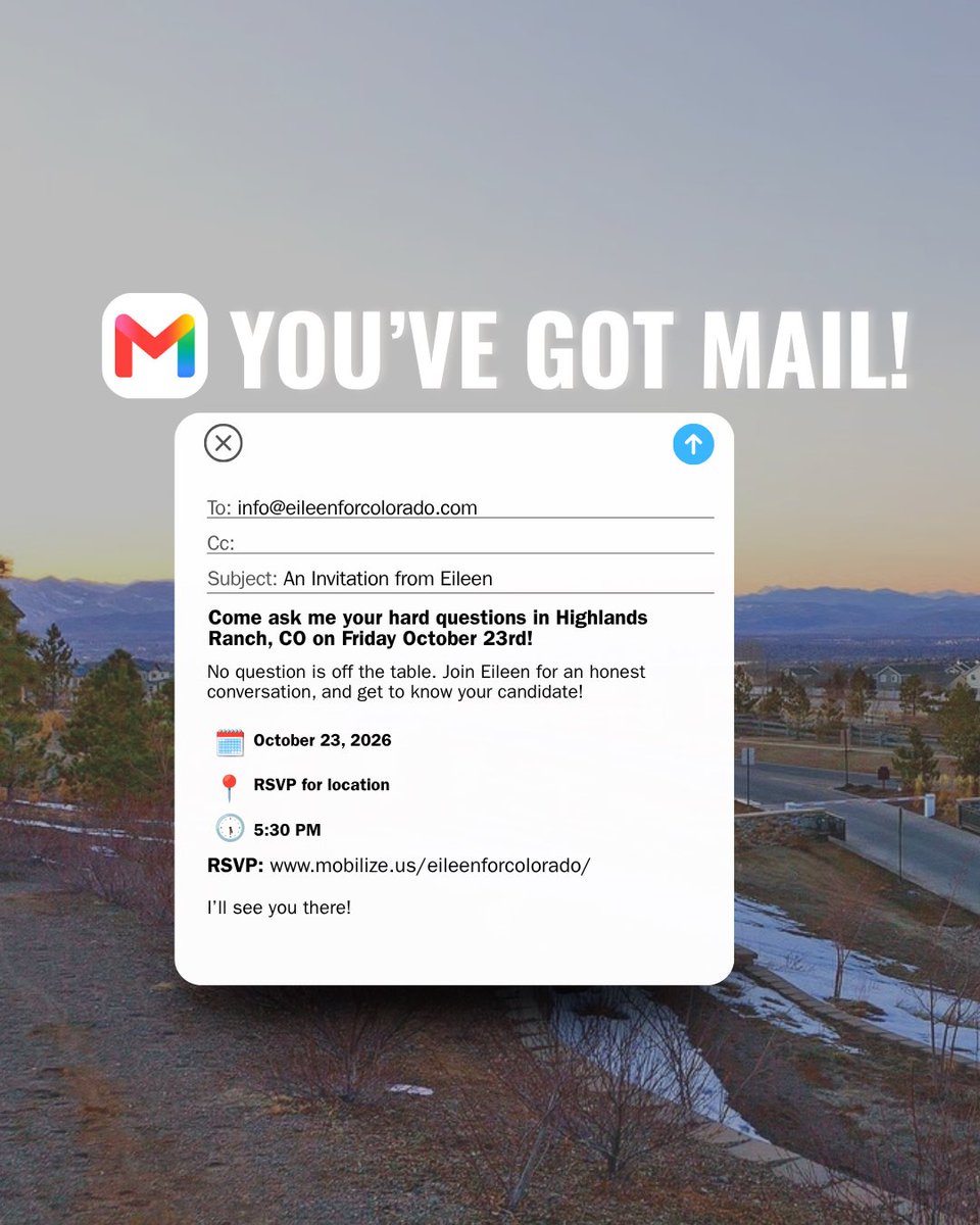 EileenforCO's tweet photo. I'll be having a M&amp;G in Highlands Ranch on Friday October 23rd at 5:30! I'd love to answer any question you may have for me!
#eileenforcolorado #colorado #co04 #coloradopolitics https://t.co/m88lodSqXU