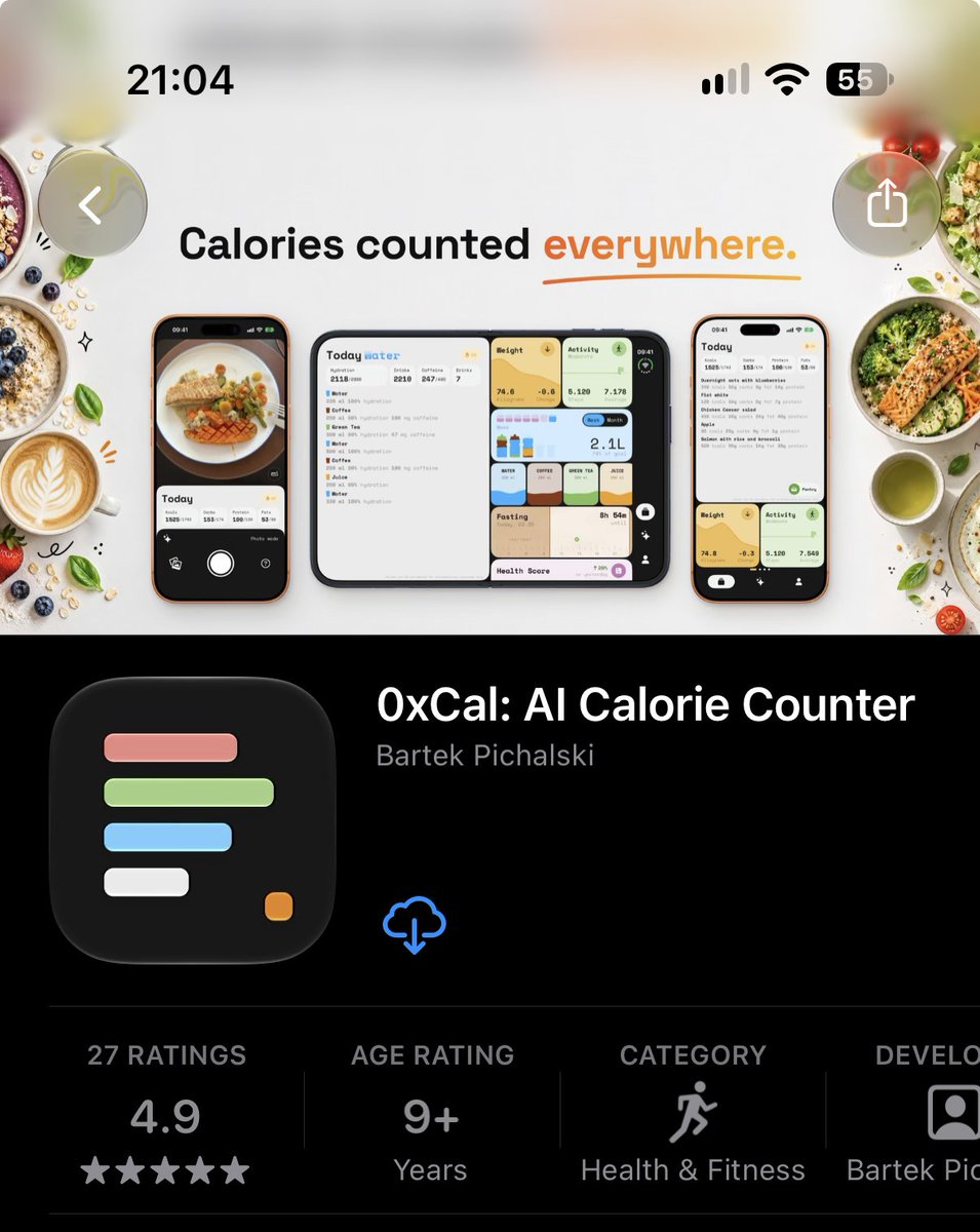 Namedix's tweet photo. App Store got two new image slots this month: a header at the top of the product page and a search result image. 0xCal's went live yesterday with 1.19, made with Claude Code in about an hour and a half.

GPT generates the food backgrounds, the phones and the headline go into Sketch, and the agent uploads everything to App Store Connect in 8 languages and reads it back to check. Two fixes on the way: upscaled food looked blurry, so the left and right edges are now separate images at almost 1:1. And at search size the phone was too small to read, so it got bigger.

Apple recommends no text in the header and doesn't say how it gets cropped on each device. I put a headline in anyway. We'll see.