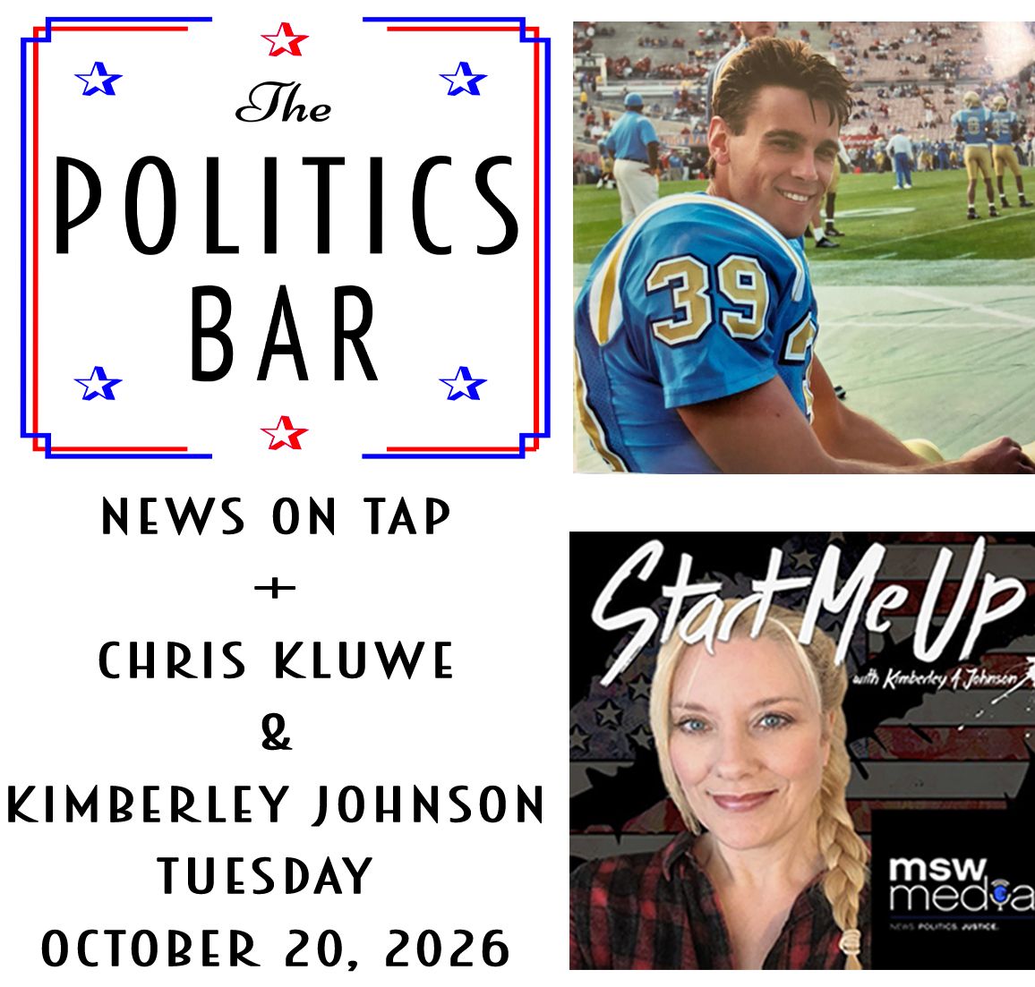 thepoliticsbar's tweet photo. There's two more weeks of elections - &amp; we've got candidates &amp; friends joining us to talk about all the issues. Chris Kluwe candidate for California Assembly, &amp; Kimberley Johnson @AuthorKimberely are stopping by. Join us!
https://t.co/BCIhmVewzP https://t.co/r7pxzMX7jd