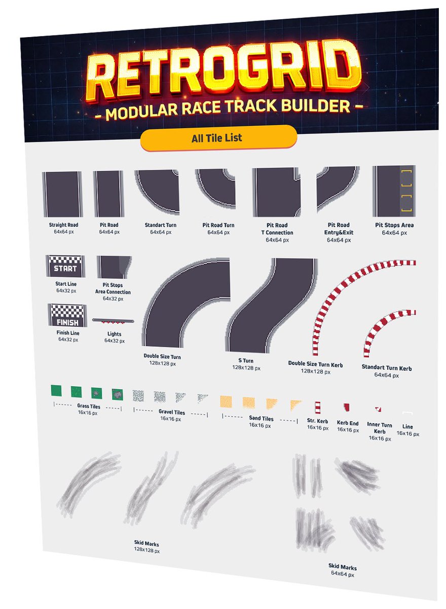 zardanya2026's tweet photo. RetroGrid - Modular Race Track Builder!
Create thousands of unique track layouts in seconds with 38 pixel-perfect pieces! 🏎️
Get it here: https://t.co/y4SVLYRFQe
#GameDev #PixelArt #AssetPack #IndieGame #RetroGrid #AssetStore #Unity2D #GodotEngine #GameDesign #Race #Track https://t.co/LKPwWqPb1s